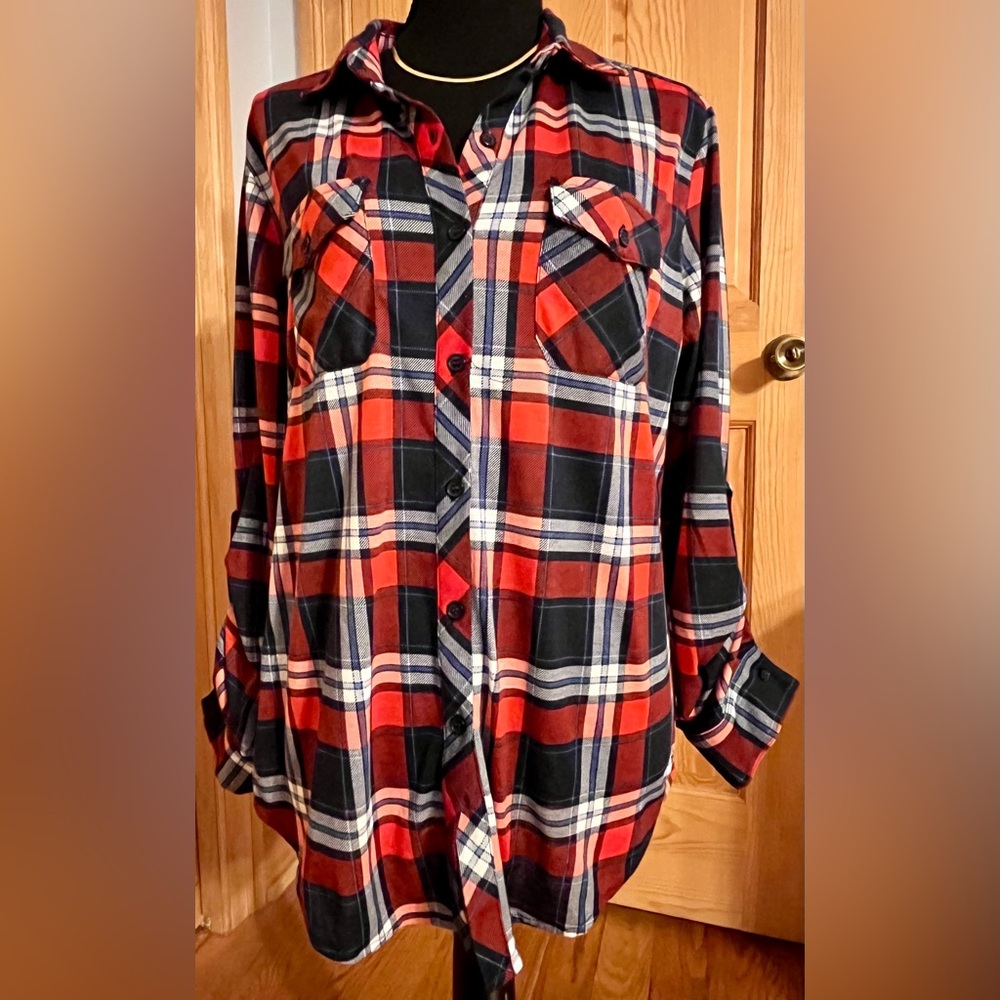 Just Be Plaid Flannel-Like Polyester Shirt L Red White Blue Americana Roll Tab